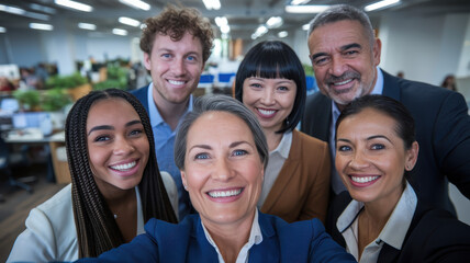 A diverse group of six professionals, including a Black woman, Asian woman, and Caucasian man, smiles together in a modern office setting.