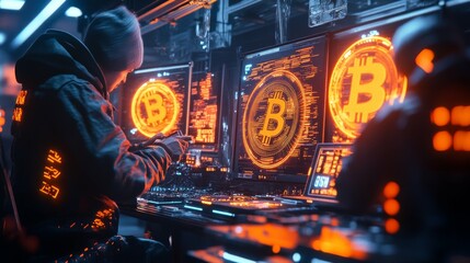 Bitcoin Hacker in a Futuristic Server Room