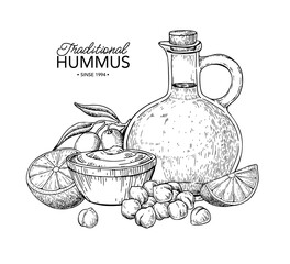 Hummus bowl with chickpeas. Hand drawn vector illustration. Traditional Arabic, Middle East food drawing. 
