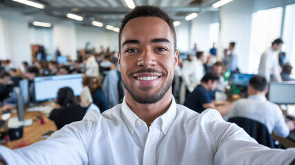 Obraz premium Confident young Black man taking a selfie in a lively office setting, smiling brightly amidst a bustling crowd of colleagues.
