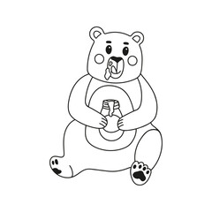 Fototapeta premium Hand drawn funny bear character with honey jar. Nature animal doodle illustration