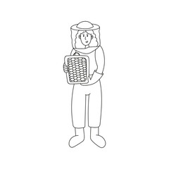 Hand drawn standing beekeeper girl with honeycombs. Farming doodle illustration