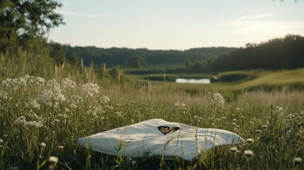 A monarch butterfly rests on a white pillow in a sunlit meadow, symbolizing peace and gentle beauty in a pastoral setting.