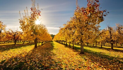 Naklejka premium Sunlit Orchard With Rows of Fruit-Bearing Trees, Golden Apples Hanging From Branches, and Fallen Leaves Creating a Colorful Blanket Across the Orchard Floor in Autumn