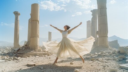 Obraz premium A graceful dancer strikes a pose amidst ancient, sunlit ruins, symbolizing timeless beauty and the blending of past with present.