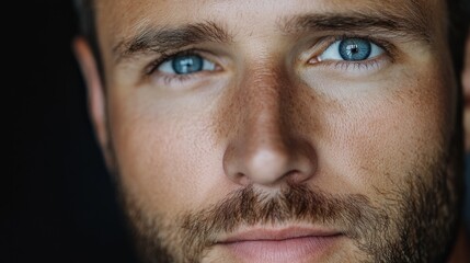 Fototapeta premium A captivating close-up portrait captures the intense blue eyes and rugged features of a bearded man, creating an engaging, introspective moment.