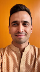 Obraz premium A young South Asian man smiles cheerfully in a traditional golden kurta against a warm orange background.
