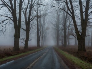 Foggy Road Through a Line of Bare Trees