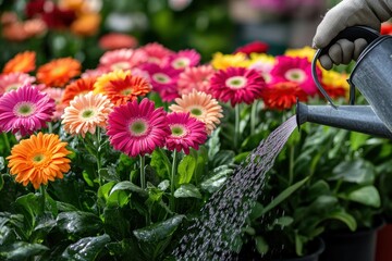Colorful gerbera flowers being watered in a vibrant garden