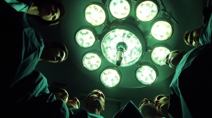 A group of surgeons in scrubs gather beneath a cluster of surgical lights, creating a dramatic and focused ambiance in the operating room.