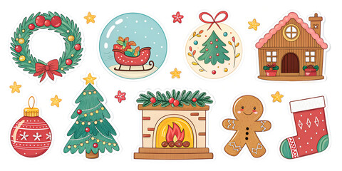 christmas gingerbread house Each sticker is designed with a warm, cozy color palette, highlighting reds, greens, and whites to evoke the Christmas spirit. PNG transparent background