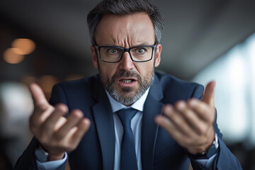 A middle-aged man in a suit, wearing glasses, gestures expressively with his hands while looking frustrated or angry. His intense expression and furrowed brows suggest a serious conversation or confro