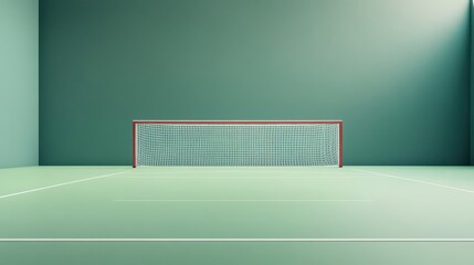 Empty indoor handball court, with goal positioned against green backdrop.