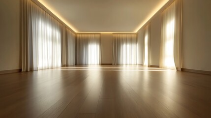 Empty room with large windows and wooden floor, ready for interior design