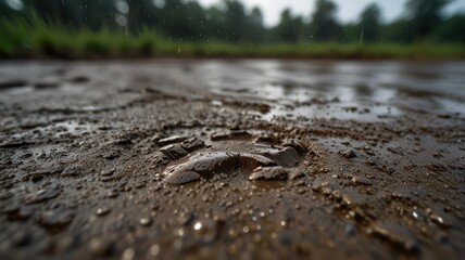 Close-up of a muddy footprint in a forest, with raindrops.