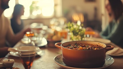 A vibrant family meal at a cozy table with a pot of stew creates a warm atmosphere, emphasizing togetherness and shared enjoyment.