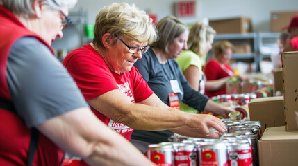 Dedicated volunteers are packing and sorting canned food donations to support local families in need.