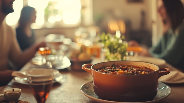 A vibrant family meal at a cozy table with a pot of stew creates a warm atmosphere, emphasizing togetherness and shared enjoyment.