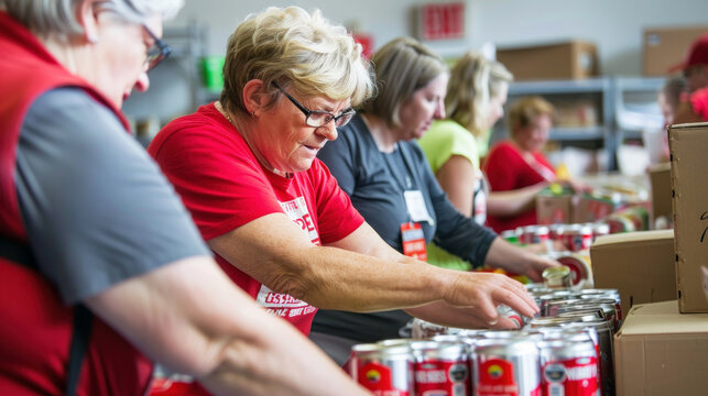 Dedicated volunteers are packing and sorting canned food donations to support local families in need.