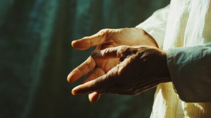 Weathered hands gently cradle, highlighted by soft sunlight, a testament to life&rsquo;s journey and the beauty of aged wisdom.