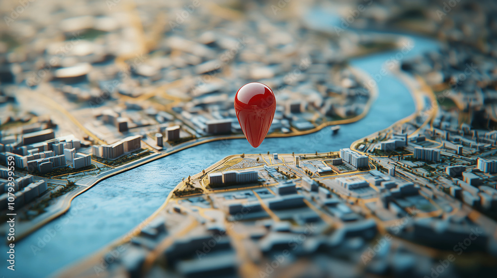 Wall mural red pin is marking a specific location on a 3d city map with buildings and a river