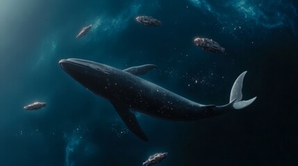 Obraz premium A majestic whale gracefully swims amidst a futuristic space scene, accompanied by spaceships in a cosmic dance.