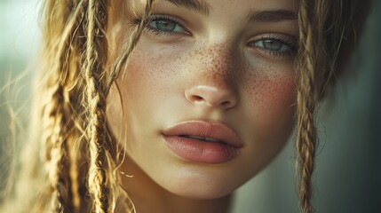 European young woman with blonde braids hair portrait fashion skin.