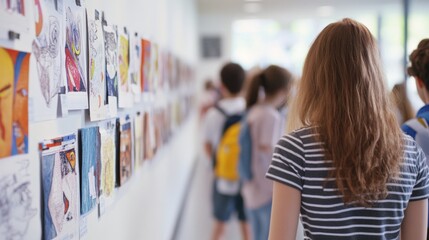 A student in a striped shirt curiously observes a vibrant art display on a school corridor wall, capturing youthful curiosity and educational creativity.