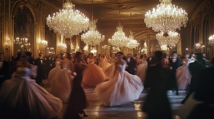 In a grand ballroom, elegant attendees in flowing gowns dance under lavish, sparkling chandeliers.