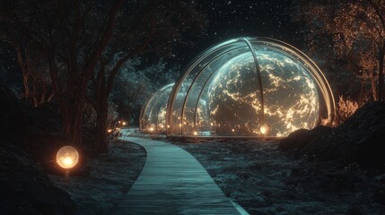 Futuristic glowing domes under starlit sky, along a winding path, creating an otherworldly, enchanting nighttime landscape.