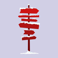 Snow-covered signpost. Colored silhouette. Vertical front view. Vector simple flat graphic illustration. Isolated object on blue background. Isolate.