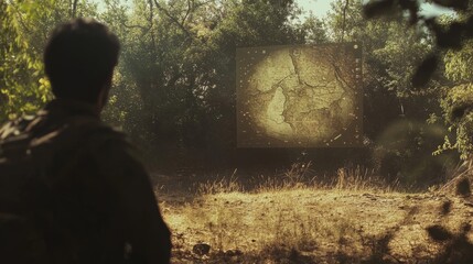 A man in a forested setting views a digital map, the warm sunlight filtering through leaves, merging the digital with the natural world seamlessly.