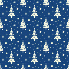 Obraz premium Small white Christmas trees, snowflakes and stars isolated on blue background. Cute monochrome seamless pattern. Vector simple flat graphic illustration. Texture.
