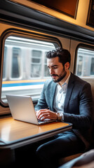 Fototapeta premium Business traveler working on laptop in modern train for mobile office efficiency