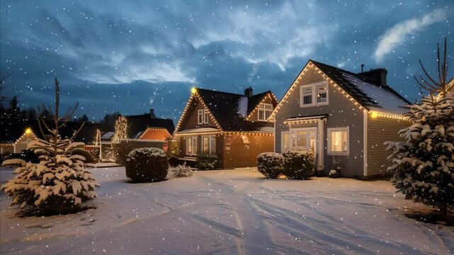 4k Christmas night scene with decorated houses and a Christmas tree. slowly snow falls, roads are covered in fresh snow, and the houses have twinkling lights. Xmas eve