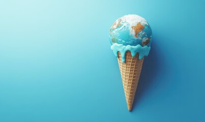 Generative AI illustration of creative representation of melting earth on top of ice cream cone against a blue background illustrating global warming
