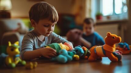 A child engrossed in imaginative play with colorful toys sprawled across a cozy room, cherishing moments of creativity and joy.