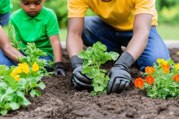 Fototapeta premium Family Gardening Together: Planting Colorful Flowers in a Vibrant Outdoor Garden Scene