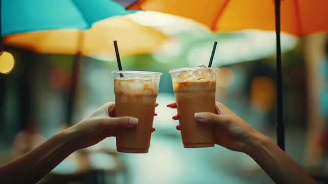 Two hands raise iced coffees in a joyful toast beneath colorful umbrellas on a lively street, celebrating friendship and sunny moments.