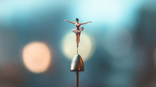 A delicate ballerina figurine gracefully balances atop a sewing needle, enveloped in a dreamy, blurred pastel backdrop, evoking elegance and poise. - Powered by Adobe