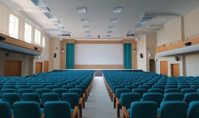 Empty cinema hall with blue seats facing a white screen. Generative AI image