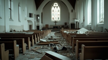 A deserted church interior, pews in disarray, accentuated by shafts of light, offers a haunting and serene glimpse into a space echoing with stories untold.