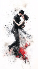 Passionate couple dancing tango with expressive red and black splashes