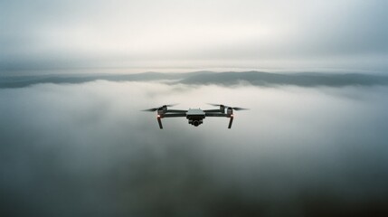 A drone glides over a sea of clouds, capturing the serene majesty of the misty landscape below.