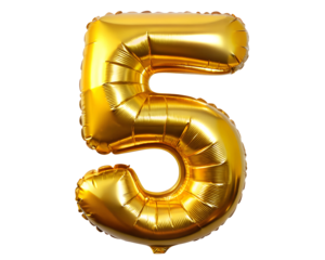 golden foil balloon for birthday in the shape of the number 5, isolated on the white background