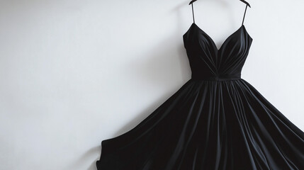 Naklejka premium Elegant Black Strapless Dress Hanging on Hanger White Background