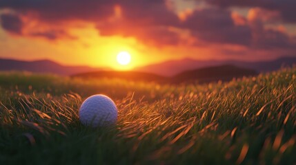Golf ball on green grass at sunset