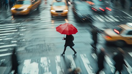 A lone figure under a vivid red umbrella crosses a bustling, rain-slicked urban intersection, with...