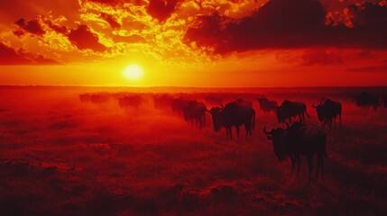 Fototapeta premium A herd of wildebeests moves across the landscape under a fiery sunset, embodying the raw beauty and majestic wonder of African wilderness.