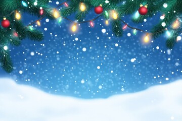 A blue background with white snow and colorful lights, a Christmas decoration Christmas theme, a Christmas garland on the top of the picture, a clear sky, white clouds Generative AI
